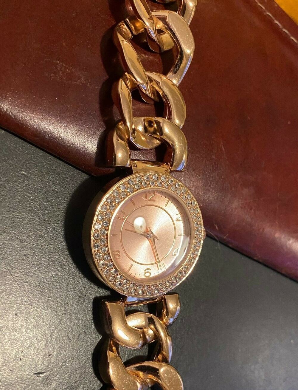 Women's 35mm Rose Gold Tone Watch, Heavy Chain Link Band, Crystal Accents
